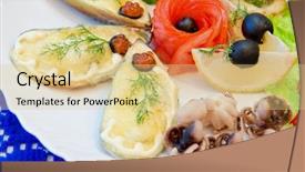  Presentation with seafood dis - Slides enhanced with sea restaurant - variety eatable seafood set background and a blonde colored foreground