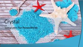  Presentation with crystals - Slide set with sea salt crystals in wooden spoons with starfish on color wooden background background and a teal colored foreground