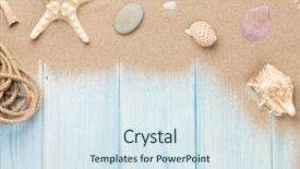  Presentation with sea shells - PPT theme enhanced with sea sand with starfish and shells on wooden table top view with copy space background and a sky blue colored foreground