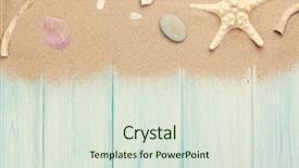  Presentation with sea shells - Theme having sea sand with starfish and shells on wooden table top view with copy space toned background and a sky blue colored foreground