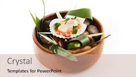  Presentation with sea shell - PPT theme enhanced with sea scallop in cream with tomatoes and chili pepper sprinkled with fresh herbs served in shell on stones in wooden bowl gastronomic restaurant menu background and a coral colored foreground