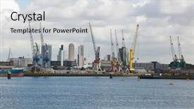  Presentation with sea port - Cool new PPT theme with sea shipment - cranes in the port backdrop and a sky blue colored foreground