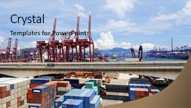  Presentation with container port - Audience pleasing slides consisting of sea shipment - highway bridge and truck transport backdrop and a light blue colored foreground