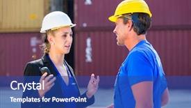  Presentation with container terminal - Beautiful presentation theme featuring sea shipment - worker and manager on container backdrop and a  colored foreground