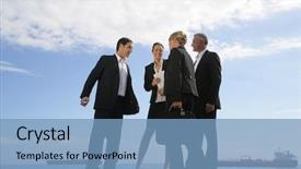 Presentation with trade - PPT theme enhanced with sea trade - group of business people meeting background and a teal colored foreground