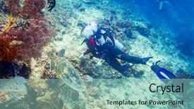  Presentation with fishing plastics bottles in the sea - Colorful presentation design enhanced with sea turtle and different fish backdrop and a mint green colored foreground
