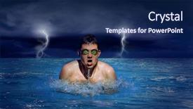  Presentation with sardines school in blue sea - Beautiful PPT layouts featuring sea with clouds and lightning backdrop and a navy blue colored foreground