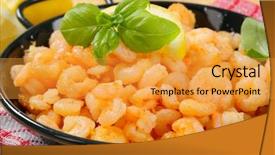 Presentation with shrimps - Slide deck featuring sea worms - peeled shrimps in a pan background and a gold colored foreground