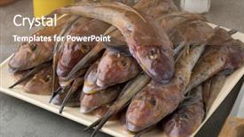  Presentation with fishes - PPT theme featuring seafish - dish with fresh cleaned raw background and a  colored foreground