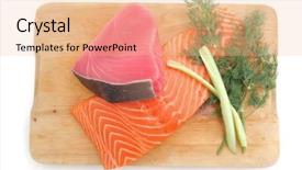  Presentation with tuna fish - Amazing PPT theme having seafish - fresh raw salmon and tuna backdrop and a coral colored foreground