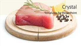  Presentation with free steak - Slides with seafish - fresh raw tuna steak background and a blonde colored foreground