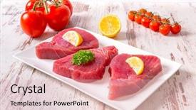  Presentation with tuna - Theme consisting of seafish - fresh tuna steaks background and a lemonade colored foreground