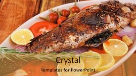  Presentation with lunch - Slide set having seafish - healthy lunch whole fried sea background and a gold colored foreground