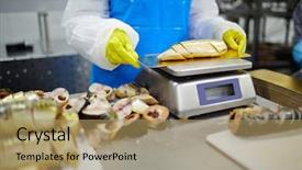  Presentation with canning - Audience pleasing presentation design consisting of seafish business - gloved staff of seafood plant backdrop and a  colored foreground