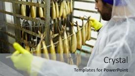  Presentation with staff - Presentation theme featuring seafish business - seafood plant staff in gloves background and a  colored foreground