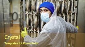  Presentation with staff - Presentation design enhanced with seafish business - staff of seafood production plant background and a tawny brown colored foreground