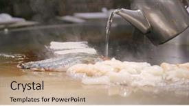  Presentation with grilling - Beautiful slide deck featuring seafood and meat in teppanyaki backdrop and a soft green colored foreground