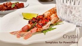  Presentation with restaurant menu - Presentation having seafood-appetizer-baked-langoustines background and a soft green colored foreground