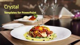 Presentation with appetizer - PPT theme having seafood appetizer on restaurant table background and a tawny brown colored foreground