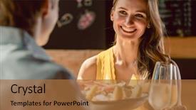  Presentation with young happy couple - PPT theme having seafood as oysters and crab background and a coral colored foreground