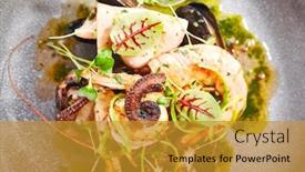  Presentation with octopus - Presentation theme consisting of seafood-assorted-closeup-view-octopus background and a gold colored foreground
