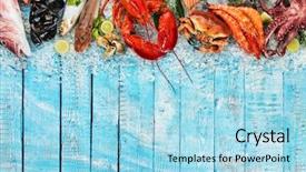  Presentation with salmon fish - Presentation design featuring seafood crab mussels prawns fish background and a light blue colored foreground