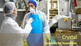  Presentation with seafood - Audience pleasing presentation design consisting of seafood factory in uniform consulting backdrop and a tawny brown colored foreground