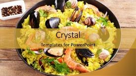  Presentation with seafood paella - Audience pleasing PPT theme consisting of seafood paella in pan close backdrop and a yellow colored foreground