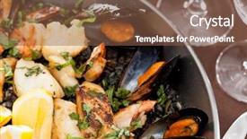  Presentation with seafood paella - Presentation design enhanced with centuries mixing classical style architecture background and a gray colored foreground