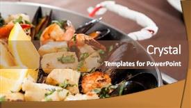  Presentation with seafood paella - Colorful presentation design enhanced with seafood paella in the fry pan backdrop and a tawny brown colored foreground