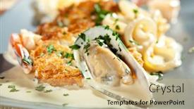 Presentation with pancake - Presentation design enhanced with seafood pancake with tiger shrimps calamari mussels and cream sauce background and a coral colored foreground