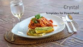  Presentation with pasta restaurant - Beautiful PPT theme featuring seafood pasta in tomato sauce served in a small outdoor restaurant meal time backdrop and a light gray colored foreground