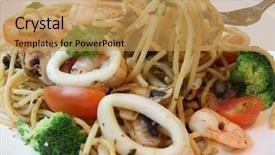 Presentation with seafood - Cool new PPT theme with seafood pasta with prawns and mushrooms on white plate backdrop and a yellow colored foreground