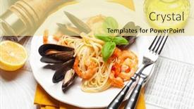  Presentation with shrimps - Presentation theme having seafood-pasta-with-shrimps background and a blonde colored foreground
