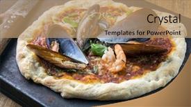  Presentation with sheet metal - Presentation design having fire horse - seafood pizza on metal sheet background and a coral colored foreground