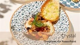  Presentation with white plate - Presentation design featuring seafood-platter-with-cooked-shrimps background and a coral colored foreground