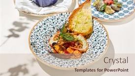  Presentation with white plate - PPT layouts having seafood-platter-with-cooked-shrimps background and a soft green colored foreground