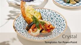  Presentation with white plate - Presentation theme consisting of seafood-platter-with-cooked-shrimps background and a mint green colored foreground