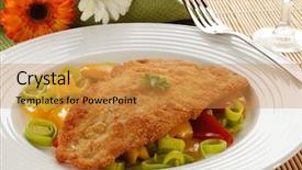  Presentation with trout fish file - Audience pleasing presentation consisting of seafood restaurant - fried fish fillet with vegetables backdrop and a  colored foreground