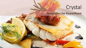  Presentation with small large comparison fish - Colorful presentation design enhanced with seafood restaurant - fried fish zander with bacon backdrop and a coral colored foreground