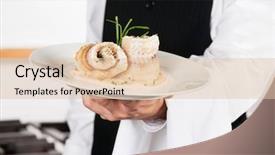  Presentation with restaurant waiter - Audience pleasing PPT theme consisting of seafood restaurant - midsection of waiter presenting salmon backdrop and a lemonade colored foreground