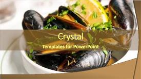  Presentation with sauce - Colorful presentation theme enhanced with seafood restaurant - mussel with white wine sauce backdrop and a tawny brown colored foreground