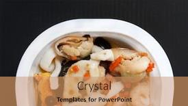  Presentation with seafood - Beautiful PPT theme featuring seafood-salad-with-mussels backdrop and a coral colored foreground