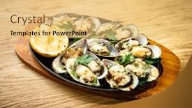  Presentation with shellfish - PPT layouts featuring seafood shellfish mussels baked mussels with cheese parsley and lemon in shells served on a stone board background and a yellow colored foreground