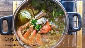  Presentation with shrimp fish - Theme having seafood spicy hot pot crab background and a gold colored foreground