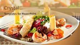  Presentation with seafood - PPT theme consisting of seafood with rigatoni pasta and mixed salad background and a yellow colored foreground