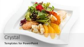  Presentation with seafoods - Colorful slides enhanced with seafoods - shrimps sea scallops squids and salmon garnished with fresh raw salad leaf and flying fish roe backdrop and a light gray colored foreground