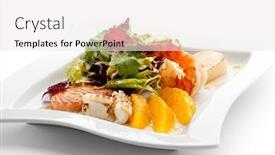  Presentation with seafoods - Colorful PPT layouts enhanced with seafoods - shrimps sea scallops squids and salmon garnished with fresh raw salad leaf and flying fish roe backdrop and a sky blue colored foreground