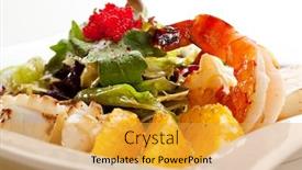  Presentation with seafoods - Slides consisting of seafoods - shrimps sea scallops squids and salmon garnished with fresh raw salad leaf and flying fish roe background and a yellow colored foreground