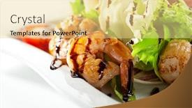  Presentation with seafoods - PPT theme featuring seafoods - shrimps sea scallops squids and salmon garnished with fresh raw salad leaf background and a blonde colored foreground